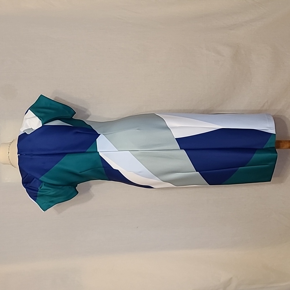 Donna Karan Blue Green Cream Abstract Print Short Sleeve Boat Neck Midi Dress - Picture 7 of 16